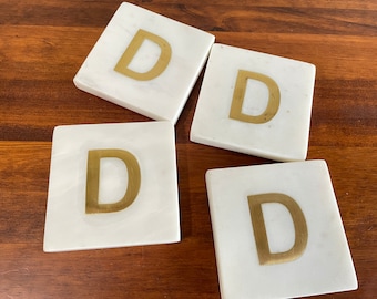 Marble Monogram D Coasters Gold Initial Set 4