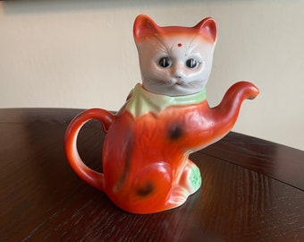 Japanese Orange and Black Cat Teapot, Small Ceramic Kitsch Creamer, Vintage Gift for Cat Lover