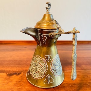 Antique Cairoware Dallah Coffee Pot, Mixed Metal Brass, Crescent Finial, Folding Handle