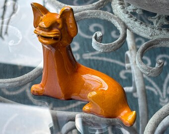 Vintage 1983 Han Dynasty Dog Figurine Tawny Glaze Ceramic Asian Decor