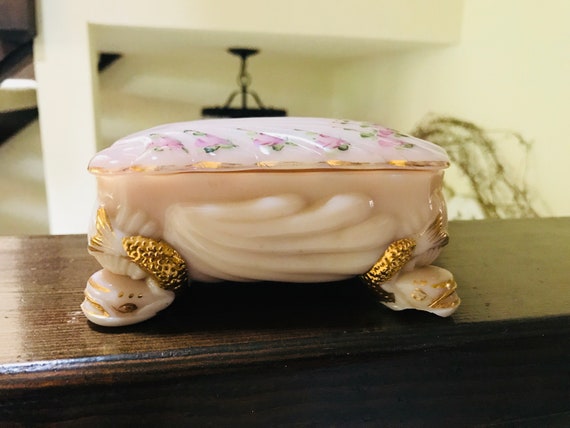 Fenton Art Glass Lidded Box Charleton Pink Roses Vanity Dish Etsy