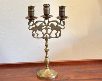 Vintage Solid Brass Heraldic Lion Three-Light Candelabrum