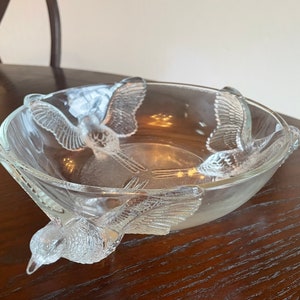 Jeanette Glass Flying Pheasant Bowl, 3 Footed Clear Glass Collectible Serving