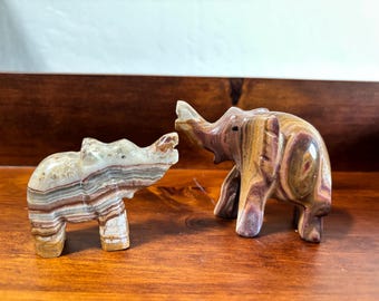 Marble Onyx Elephant Pair Animal Sculptures, Small Natural Carved Stone Animals, Trunk Up Elephant