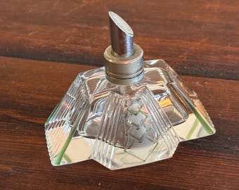 Art Deco Czech Crystal Perfume Atomizer Bottle, Green Geometric Enamel, Vintage Vanity Décor