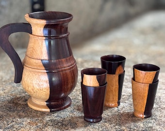 Wooden Pitcher Set 6 Cups Handcrafted Two-Tone Wood