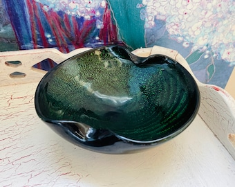 Emerald Green and Black Murano Art Glass Dish, Art Deco Style, Aventurine Iridescent Key Catchall