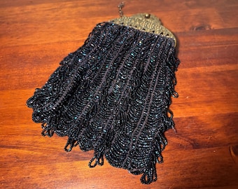 Antique 1920s Blue Beaded Purse Iridescent Glass Fringe Flapper Bag