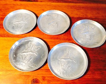 Hammered Aluminum Coasters, Forged Metal Vintage Coasters, Flying Geese Coasters, Duck Hunter