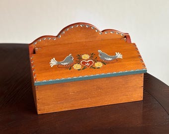 Folk Art Wooden Storage Box Handpainted Birds, Napkin or Letter Holder