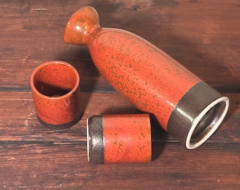 Vintage Japanese Sake Set Red Speckle Ceramic Tokkuri Bottle Two Cups Made in Japan