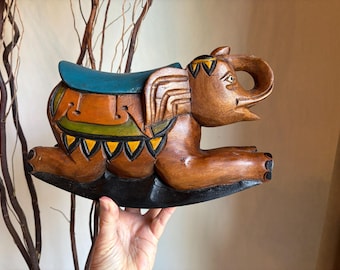 Hand-Carved Wooden Rocking Elephant Figurine – 11” Colorful Painted Elephant Statue – Made in Thailand – Boho Global Decor Nursery Toy
