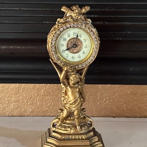 Antique Ansonia Cherub Clock – Ornate Brass Table Clock w/ Rhinestones – USA Made, 8&quot;