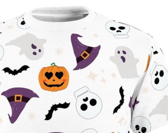 Halloween Pattern All Over Print Shirt | Spooky Halloween Shirt | Unisex AOP Shirt | Ghost Shirt | Skeleton Shirt | Witch Shirt | Pumpkin