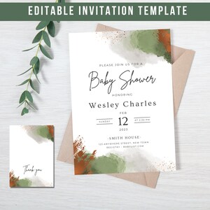 Green, Grey, and Copper Baby Shower Invitation, Boy Baby Shower, Boy Baby Sprinkle Invite, Modern Baby Shower Invite, Editable Shower Invite