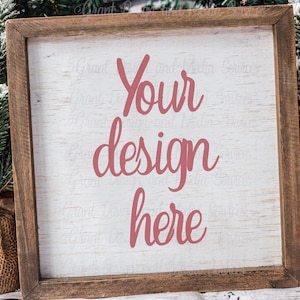 Farmhouse Christmas Sign Mockup | Square Blank Wood Sign Mockup | Wood Frame Mockup | JPEG Styled Stock Photos | Christmas Trees