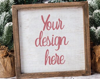 Boerderij Kerst Sign Mockup | Square Blank Wood Sign Mockup | Houten Frame Mockup | JPEG-gestileerde stockfoto's | Kerstbomen