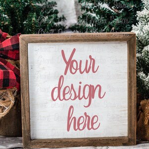 Farmhouse Christmas Sign Mockup | Square Blank Wood Sign Mockup | Wood Frame Mockup | JPG Styled Stock Photos | Christmas Trees | Plaid Bow