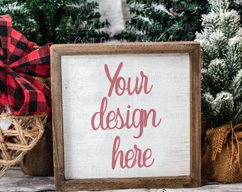 Boerderij Kerst Sign Mockup | Square Blank Wood Sign Mockup | Houten Frame Mockup | JPG Gestileerde Stockfoto's | Kerstbomen | Plaid Strik