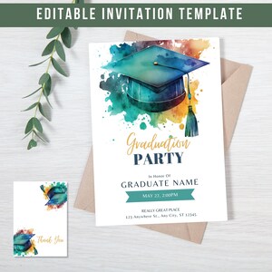 Watercolor Graduation Invitation, Graduation Party Invitation Template, Editable Grad Announcement, Print or Digital Celebration Invite