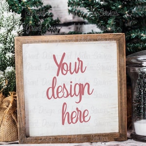 Farmhouse Christmas Sign Mockup | Square Blank Wood Sign Mockup | Wood Frame Mockup | JPG Styled Stock Photos | Christmas Trees | Snow