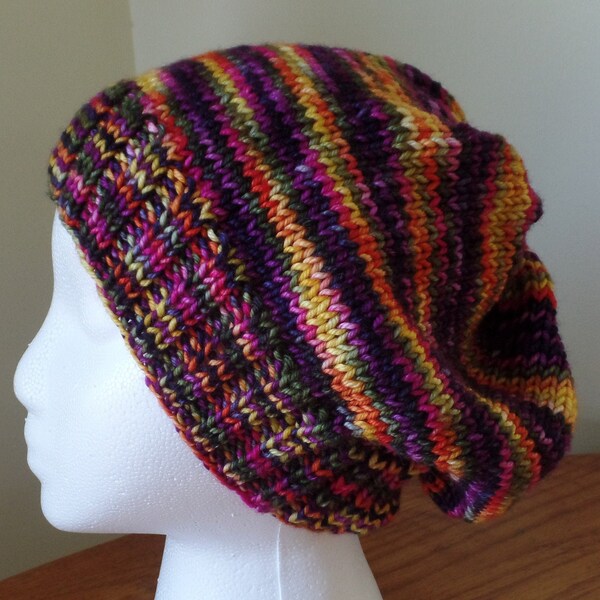 Women's Knit Beanie, Hand dyed wool, Purple, Pink, Yellow, Green