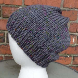 Women&#39;s Knit Beanie, Hand dyed wool, Grey, Rainbow
