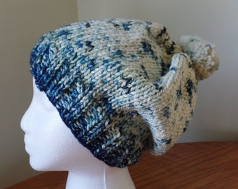 Women's Chunky Knit Beanie, Blue, Yellow Pompom