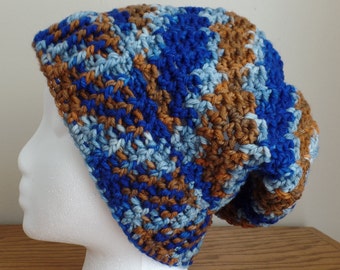 Crochet Women's Slouchy Hat, Blue, Brown