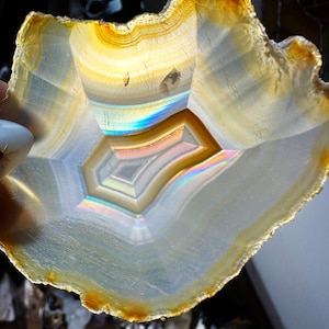 May include: A translucent agate slice with a natural, irregular edge. The stone features concentric bands of white, yellow, and brown, with a central geometric pattern. Iridescent colors are visible within the stone, creating a play of light.