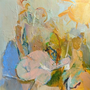 May include: Abstract painting with a mix of yellow, blue, green, and pink hues. The painting features thick brushstrokes and a layered, textured style.