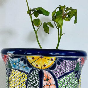 Puede incluir: Una maceta de cerámica con un vibrante patrón pintado a mano estilo Talavera y un borde azul profundo. El exterior muestra un diseño de cuadrícula en amarillo y verde, acentuado por motivos florales estilizados en naranja y amarillo.