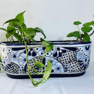 May include: A rectangular ceramic planter with a blue and white floral design. The planter is filled with green plants. The design features stylized flowers and geometric patterns. The planter has a dark blue rim and base.