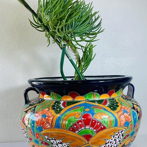 May include: A round, hand-painted ceramic planter with two side handles, featuring a vibrant, multi-colored floral and geometric pattern in shades of blue, orange, green, red, and yellow, containing a green succulent plant with thin leaves.