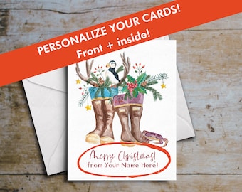 Personalizable Custom Holiday Christmas Cards FRONT + INSIDE - Alaska Outdoor Rugged Xtratuf Boots Fisherman Antlers Puffin