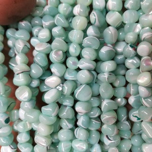 May include: A strand of light green and white shell beads. The beads are irregularly shaped and have a smooth, polished finish.