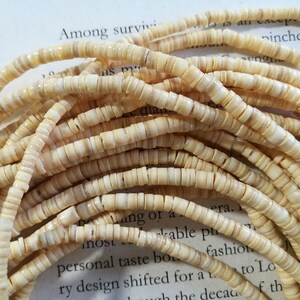 May include: A close-up of a strand of cream-colored shell beads. The beads are small and round, and they are arranged in a loose pile.