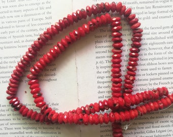 8mm red coral heishi beads, 8mm coral faceted rondelle beads, coral disc beads, 15.5 inch