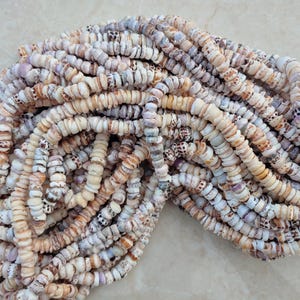 May include: A collection of small, round, natural seashell beads in various colors, including white, tan, and purple. The beads are strung together, creating a textured and organic appearance. Ideal for jewelry making.