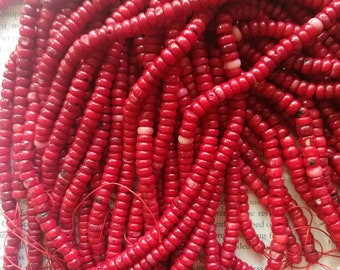 5mm coral heishi beads, red coral heishi beads, coral disc beads, 15.5 inch