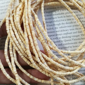 May include: A close-up of a strand of white shell beads. The beads are small and round, and they are strung together on a thin cord. The beads are arranged in a loose, flowing pattern.