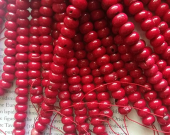 8mm red coral heishi beads, 8mm coral rondelle beads, coral disc beads, 15.5 inch