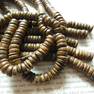 10mm tumbled coconut heishi beads, dark brown  color, 15.5 inch