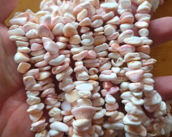 pink shell beads, pink shell chip beads, nature pink mop beads, about 8 to 12mm, 15 inch
