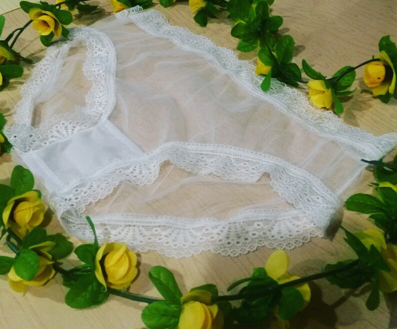 Elegant White Sheer Mesh Lace Panties XS-L Minimalist Bridal Lingerie