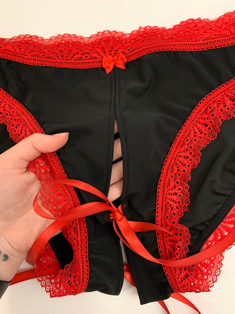 Black and Red Lace Untie Me Crotchless Panties XS-5X Lingerie | Etsy
