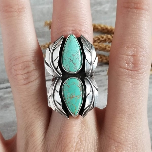 Reserved for Jenna Lyons - Feather Turquoise Statement Ring, 925 Sterling Boho Ring, Natural Turquoise Heirloom, Bohochic