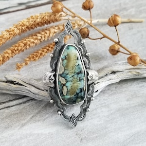 Hand stamped Variscite Ring, Huge Green Turquoise Statement Ring, Sterling Silver Variscite Ring, Gigantic Womens Boho Southwest Cutout Ring