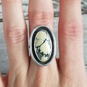 Natural New Lander Variscite Ring, Sterling Shadow Box Ring, Turquoise Statement Ring, Silver Boho Oval Ring, Silver Handmade Southwest Ring