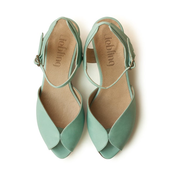 New! Mint Adelle Sandals,  Handmade Leather shoes, green Shoes, Women heels sandals free shiping